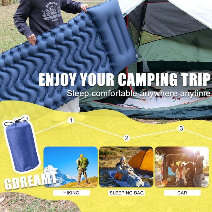 Надувний килимок для кемпінгу GDREAMT з вбудованим насосом та подушкою. Зручний килимок для туризму, походів та подорожей. Компактний та легкий, блакитний.