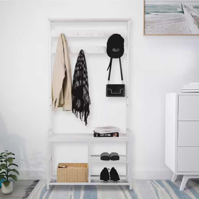 Вішак для одягу з лавкою Leader Accessories, металевий, білий, 182x30x84 см, для передпокою, рустикальний стиль