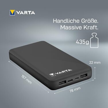Power Bank VARTA 20000mAh: зарядний пристрій для смартфонів та планшетів з 4 портами (Micro USB, USB A, USB C)