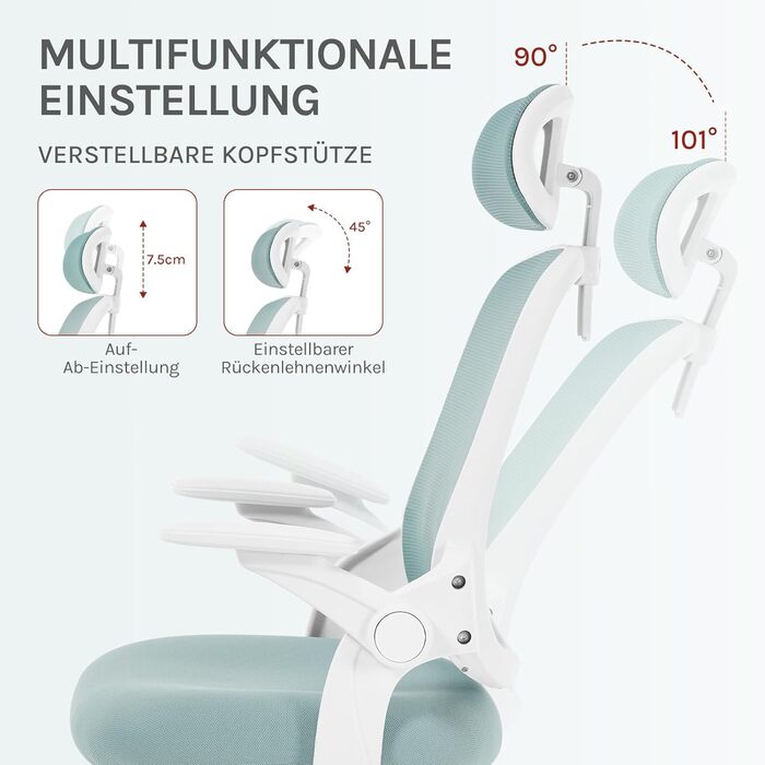 Крісло офісне WOLTU ергономічне з регульованою підголовником та підтримкою попереку, функцією гойдання, для офісу, витримує 150 кг (Блакитне)