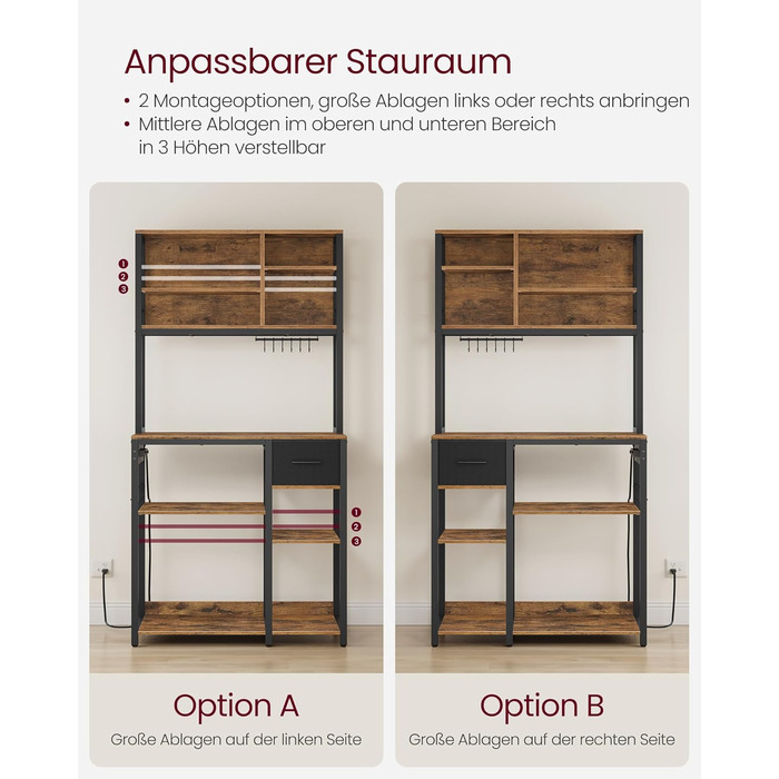 Стелаж кухонний VASAGLE з розетками, 40 x 100 x 180,4 см, з полицями, ящиком з тканини, 12 гачками, антрацитовий + чорний, KKS027B02