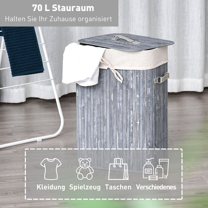 Кошик для білизни HOMCOM з кришкою, 72L, складаний контейнер для збору білизни, пральний мішок, що можна прати, з бамбука з ручками, сірого кольору, 40x30x60 см