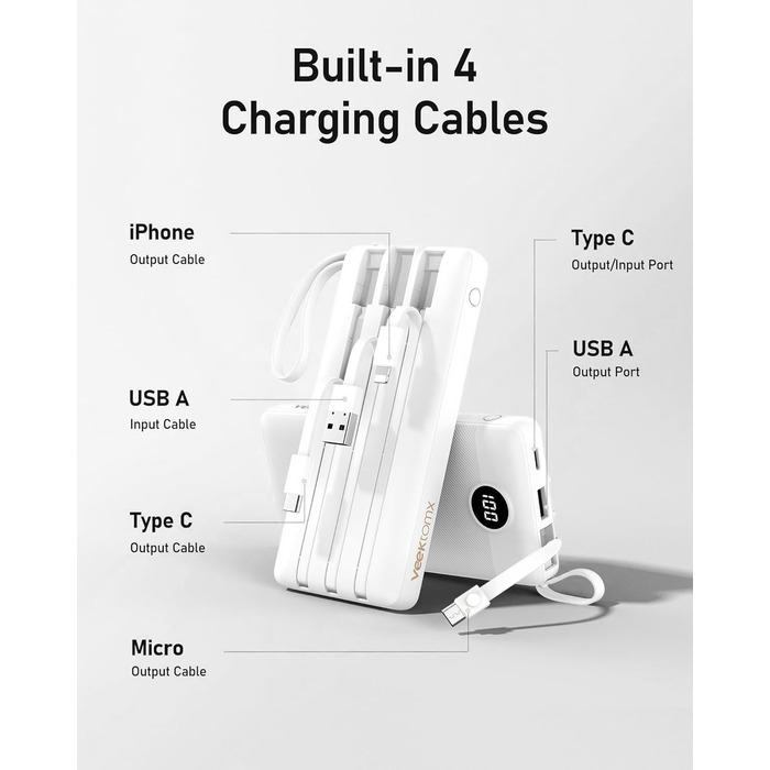 Power Bank 10000mAh з 5 виходами та 2 входами, LED дисплеєм та вбудованими кабелями. Сумісний з iPhone, iPad, Samsung, Xiaomi, Google Pixel.