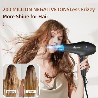 Фен Basuwell Ionen Pro 2100W: Професійний фен для салону краси з іонізацією, 3 режими нагріву, 2 швидкості, насадка-дифузор, AC-двигун, чорний