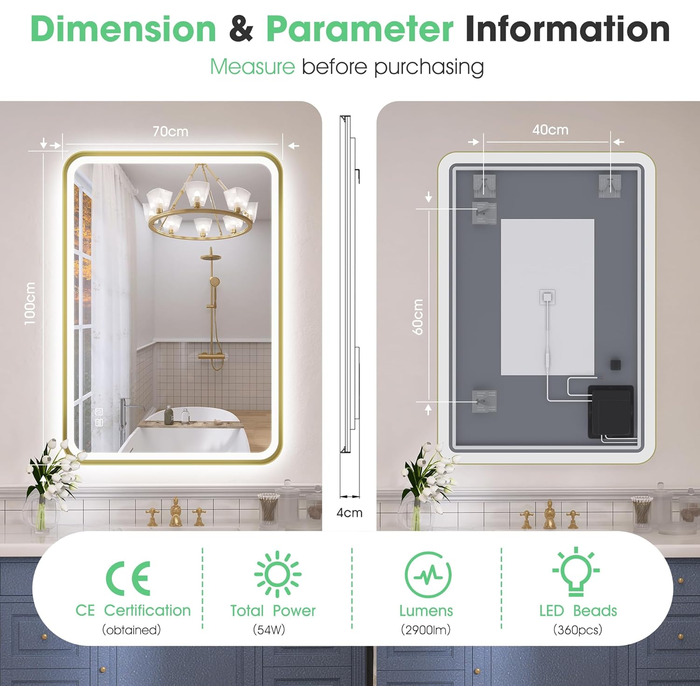 Дзеркало для ванної кімнати S'bagno з підсвічуванням 100x70 см, з алюмінієвою рамою, антизапарник, 3000-6500K, функція пам'яті, IP44, горизонтальне/вертикальне, чорне