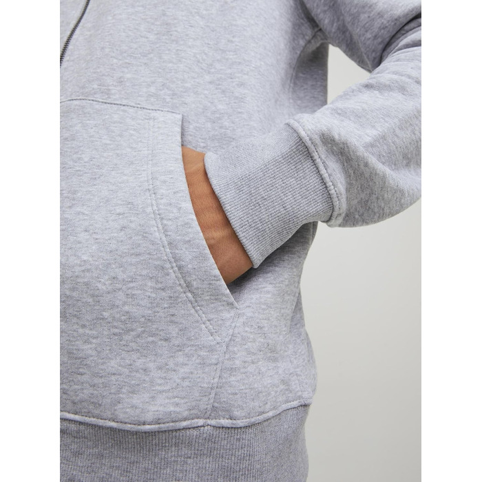 Чоловіча толстовка-худі на блискавці JACK & JONES однотонна, світло-сіра (Light Grey Melange), розмір S