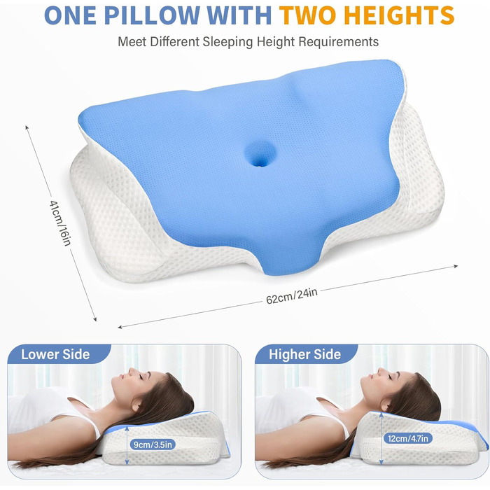 Подушка для шиї Ehomfory з Memory Foam, ергономічна подушка для сну на боці, спині та животі, 62x41x9/12 см, сіро-білий (блакитний)