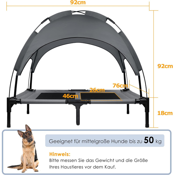 Підвищене ліжко для собак з балдахіном, ліжко для домашніх тварин Outdoor для кемпінгу, пляжу. Ліжко для собак з водонепроникним дахом, диван для собак з дихаючою сіткою. Розмір XL - 122 x 92 x 102 см (L-92 x 76 x 92 см)