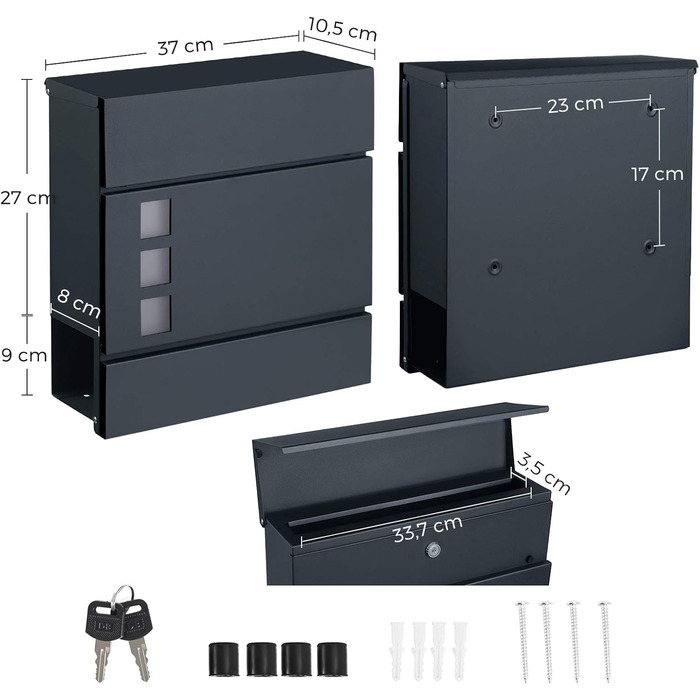 Поштовий ящик SONGMICS XXL з газетницею, антрацит, 37x37x10.5 см, з ключем та захистом від реклами
