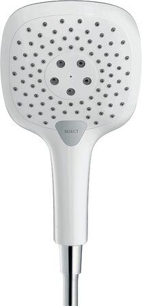 hansgrohe Raindance Select E - Showerhead, Hand Shower with square shower panel (150 x 150 mm), showerhead with anti-limescale function, 26550000 (3 spray patterns with water-saving function, white/chrome)