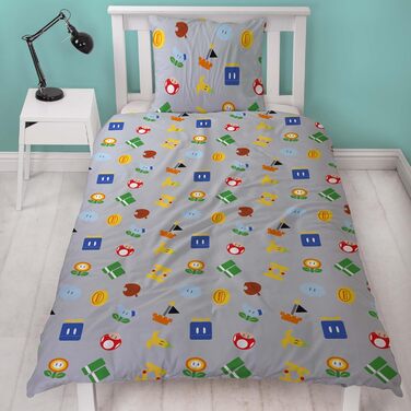 Комплект постільної білизни Kinder Super Mario для хлопчика 135x200/80x80 см, 100% бавовна, з блискавкою, з принтом Маріо, Луїджі, Піч та Стар