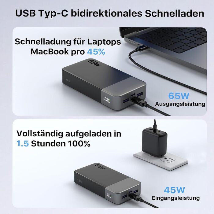 Power Bank NOBIS 20000mAh 65W USB-C PD QC з дисплеєм - для ноутбука, телефону, планшета (Чорний)