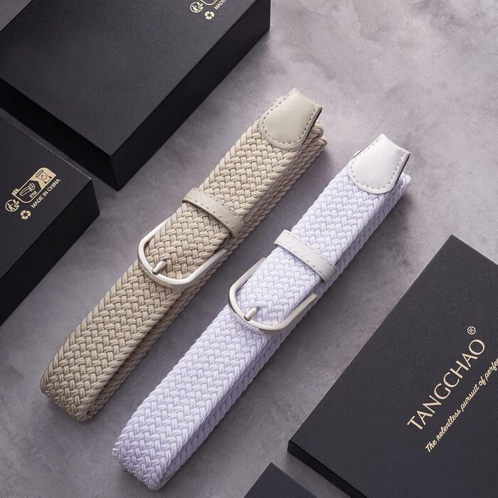 Тканинні ремені Tangchao 2 шт. - Плетені еластичні ремені для жінок та чоловіків, 3.3 см, довжина 90-135 см, 100 см, 120 см (багатобарвний+бежевий)