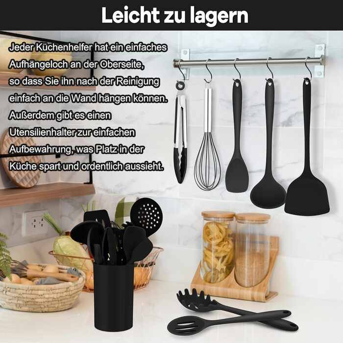 Набір кухонних аксесуарів Homikit 16 шт. з тримачем, кухонне приладдя, посуд, чорний