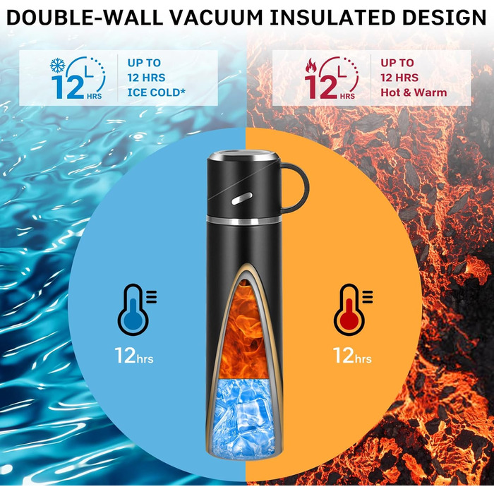 Термос IAGORYUE з нержавіючої сталі, 0,55л, з ізоляцією, витокозахисним кришкою та ручкою, двостінний, зберігає тепло/холод до 12 годин, для спорту, офісу, відпочинку на природі, чорний