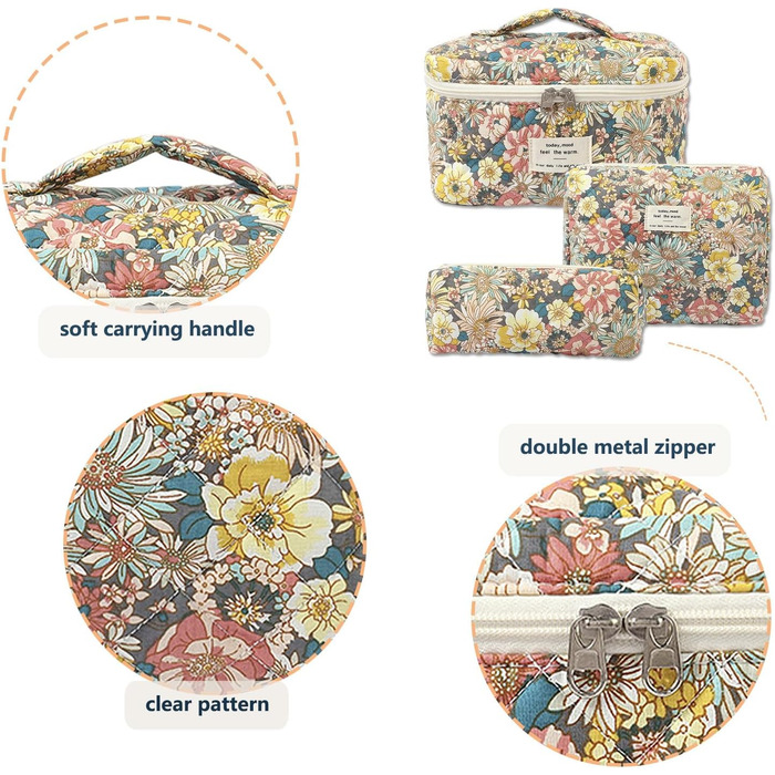Набір косметичок для подорожей для жінок, 3 шт. з бавовни, органайзер для макіяжу, косметичка з квітковим принтом (Nanzhi Blume)