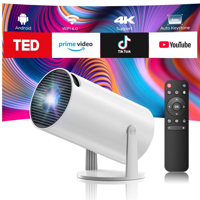 4K Міні проєктор Smart Beamers з WiFi 6, Bluetooth 5.0, поворотний 220°, Android 11.0 для дому та дітей. Підтримка HDMI, TV-Stick, USB, Laptop. Роздільна здатність 6-720p