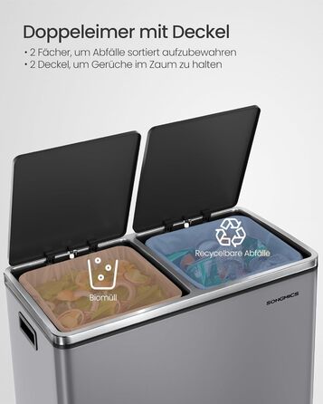 Відро для сміття SONGMICS подвійне, 2x30л, педальне, з системою роздільного збору, металеве, сіро-графітове (LTB60BK)