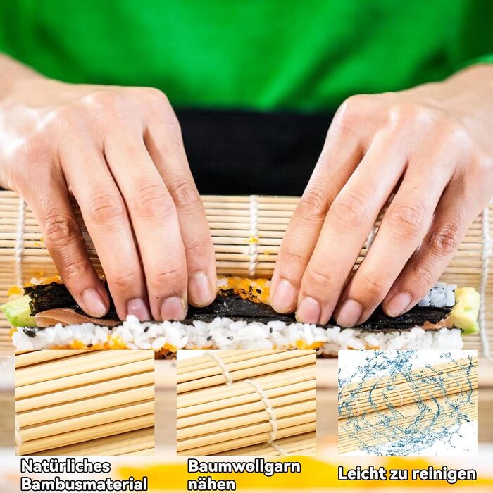 Набір для приготування суші на 10 порцій: 3 бамбукові мати, 5 пар паличок, ніж та ложка для рису. Для початківців та професіоналів