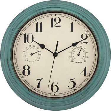Foxtop Funk Wall Clock, Indoor Outdoor Weatherproof Wall Clock with Temperature Display and Hygrometer, No Ticking Sound Silent Retro Clock for Terrace Bathroom Kitchen Living Room Home Decor (Bronze, 30cm) (Green)