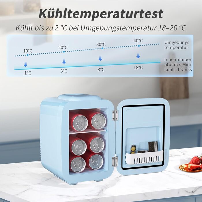 Міні-холодильник YASHE, 4 літри: для косметики, напоїв, 220V AC/ 12V DC, термоелектричне охолодження та нагрівання, білий/блакитний