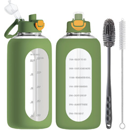 2 Liter Glass Water Bottle, 2L Glass Bottle, Glass Water Bottle with Straw, Bottle Brush, (Green)