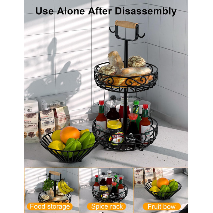 Двоярусний кошик для фруктів Couwilson з підвіскою для бананів та дерев'яною ручкою - органайзер для фруктів, овочів, хліба, цибулі, картоплі (Чорний)