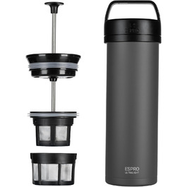 Французький прес ESPRO P0 Ultralight 470 мл, термокружка з нержавіючої сталі, вакуумізольована, для кави, подорожей, кемпінгу, Gun Metal Grey