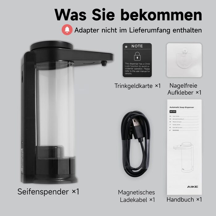 AIKE Automatic Soap Dispenser with Infrared Sensor 500ml, Black Wall-Mounted Automatic Soap Dispenser with USB Charging Function