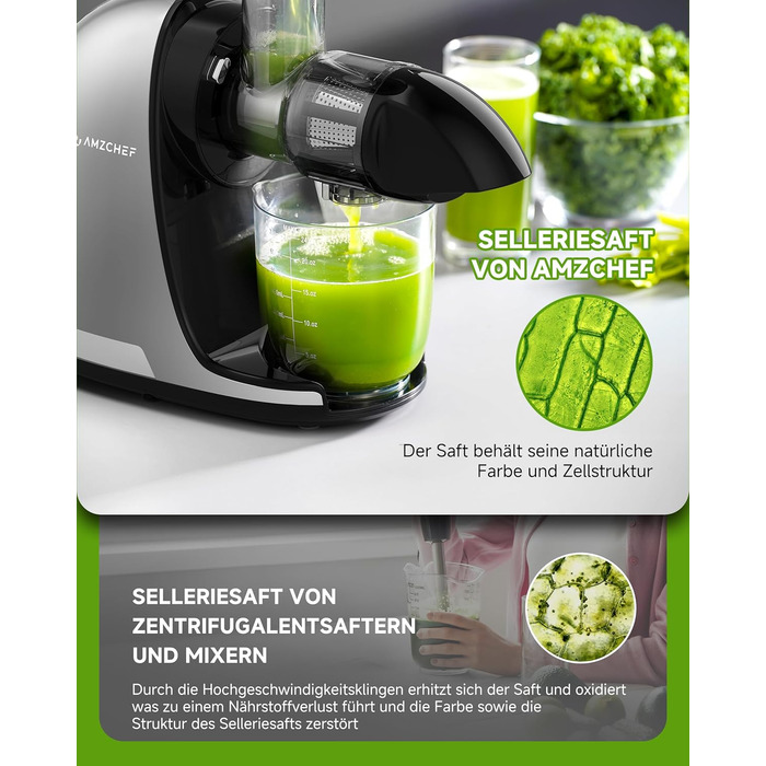 Електричний соковичавник AMZCHEF для овочів та фруктів - Slow Juicer з функцією реверсивного подрібнення, без фільтру, з щіткою та 2 чашками, сріблястий (30x19.6x30 см)