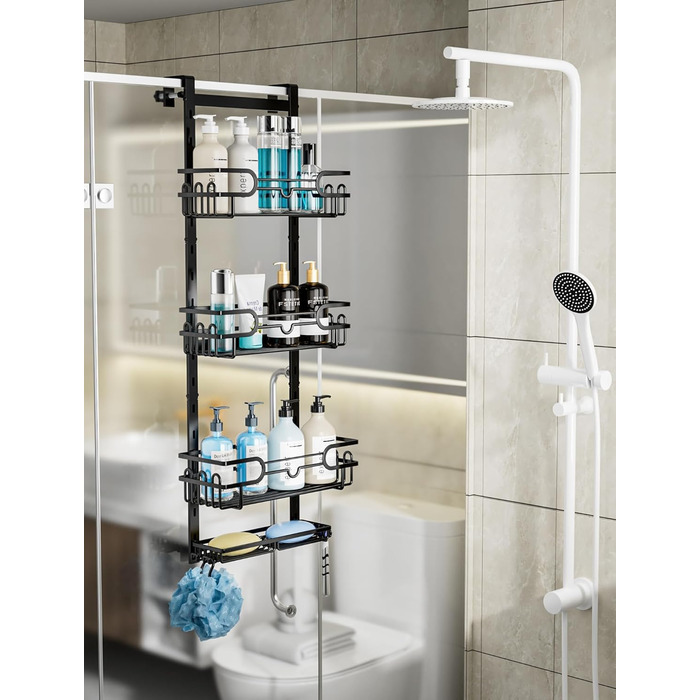 HapiRm Shower Shelf - Hanging Shower Rack Adjustable with 4 Shower Baskets, Shower Shelf No Drilling with Soap Dish and Hooks, Shower Shelf Over the Door Glass Wall & Bathroom Door, Black