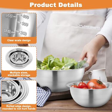 Набір з 5 чаш для перемішування з нержавіючої сталі з мірними позначками, ергономічний дизайн, стійкі до морозу, безпечні для миття в посудомийній машині. Металеві чаші для випічки, приготування їжі, салатів та зберігання продуктів.