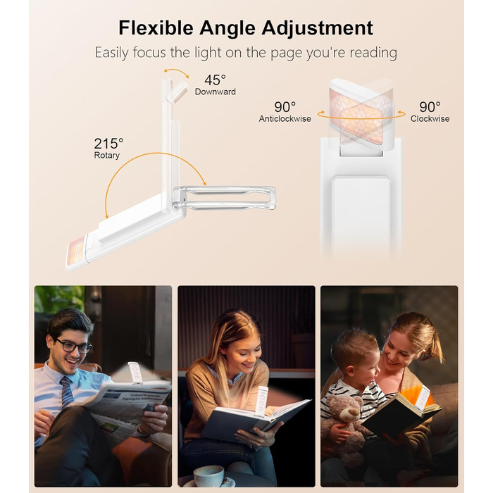 LED лампа для читання Gritin з USB-C, кріплення-прищіпка, регулювання яскравості, 3 кольори, для книголюбів