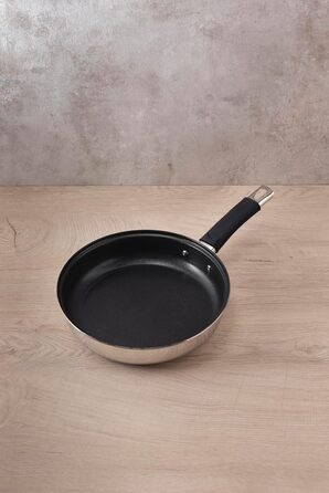 Набір сковорідок Bergner Baster з нержавіючої сталі (6 шт.) 20+24+28 см з подовженими ручками, захисні кришки, силіконові ручки, антипригарне покриття, індукційний посуд (20 см)