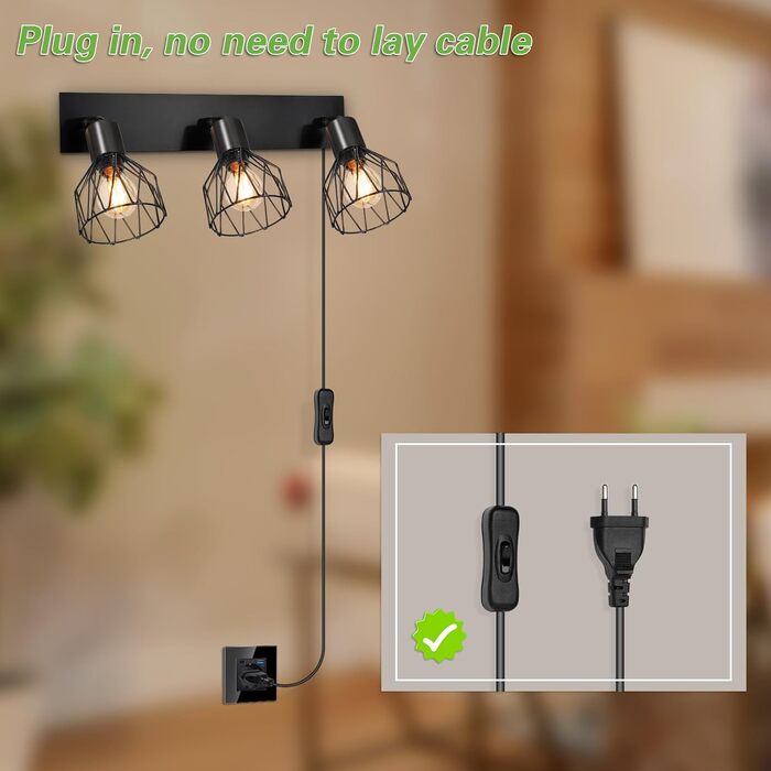 LED настінний світильник Kimjo з акумулятором, диммер, таймер, 3 лампи, E14, 2 шт. (Чорний)