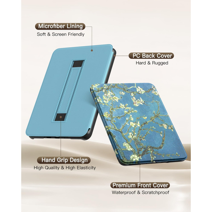 Чохол MoKo для Kindle Paperwhite (12-го покоління, 2024) та Kindle Colorsoft Signature Edition (2024), з петлею для руки, авто-ввімкнення/вимкнення, Agave Grün (aprikose Blume)