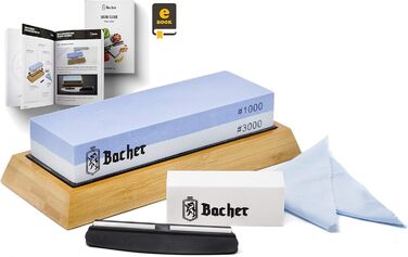 Преміум точильний камінь Bacher. Двобічний, зернистість 400/1000. Точило для ножів з антиковзним бамбуковим блоком, камінь для заточування, допоміжний інструмент для заточування та детальна інструкція у форматі eBook.