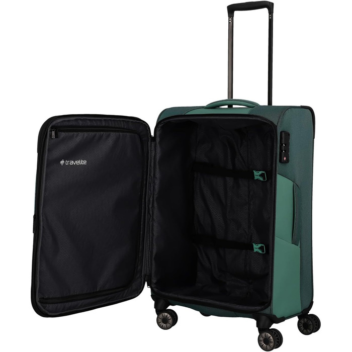 Travelite 4-Wheel Luggage Size L, Softshell made from recycled material, Luggage Series VIIA: Trolley with expandable gusset + edge protection, 77 cm, 91-103 liters (Trolley M extended (67 cm), Eucalyptus (Green))