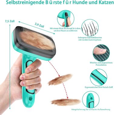 Щітка для собак і котів, самоочисна, для вичісування підшерстка та відмерлого волосся, ідеальна для довгошерстих та короткошерстих порід, делікатна до шкіри, зменшує випадіння шерсті, синя (зелена - набір 5 в 1)