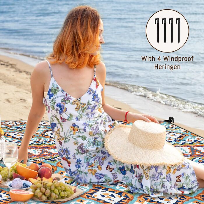 Плед для пікніка Boho водонепроникний, великий (XL 150x200 см) з ручкою, 4 кілочки, для пляжу, кемпінгу, парку - Boho стиль