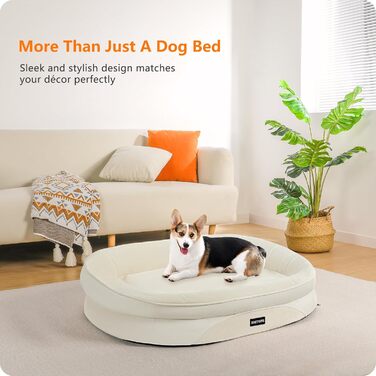 Ортопедичне ліжко для собак, ліжко-софа для собак з підковоподібним валиком, неслизьке дно, кошик для собак, знімне та пральне, середні та великі породи, 106 x 79 x 17 см (90 x 71 x 15 см), бежеве