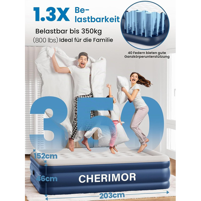 Самонадувний матрац CHERIMOR для дому та кемпінгу, 203x152x46 см, синій (BLA), витримує до 220 кг, з сумкою для перенесення