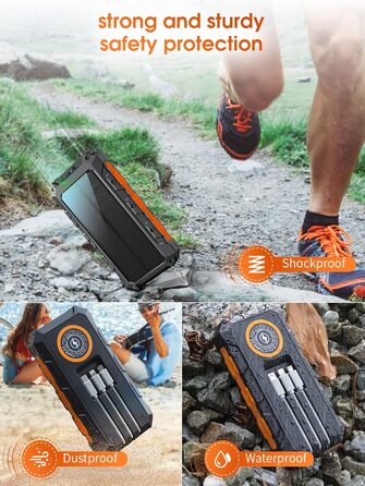 Портативний зарядний акумулятор 52800 mAh з сонячною зарядкою та бездротовою зарядкою, водонепроникний, 5 виходів, 3 входи, ліхтарик, карабін, QC 30W та USB-C PD 20W для мобільних телефонів (Оранжевий)