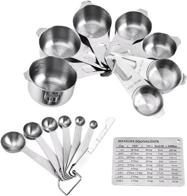 Amosfun Measuring Cup and Spoon Set: 7 Measuring Cups, 7 Measuring Spoons, Stainless Steel, Measuring Scale for Baking