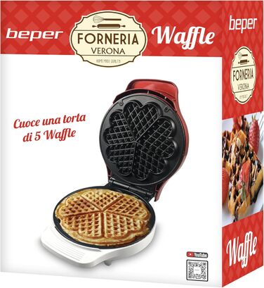 Вафельниця Beper, 5 вафель одночасно, антипригарне покриття 18 см, 800-100 Вт, червоний / білий колір