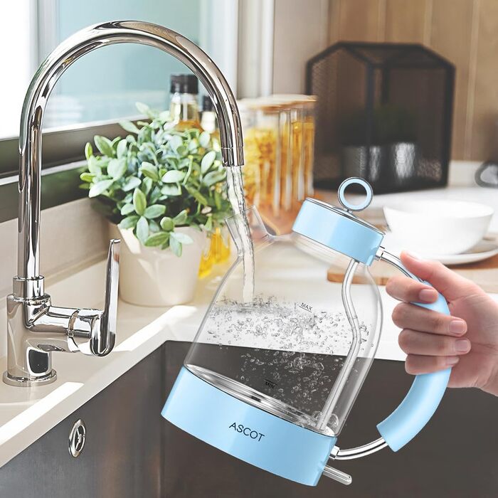 Електричний чайник ASCOT зі скла, 1,5L, блакитний, з функцією захисту від сухого кипіння та автоматичним вимкненням. Ідеальний подарунок для чоловіків, жінок та сім'ї.