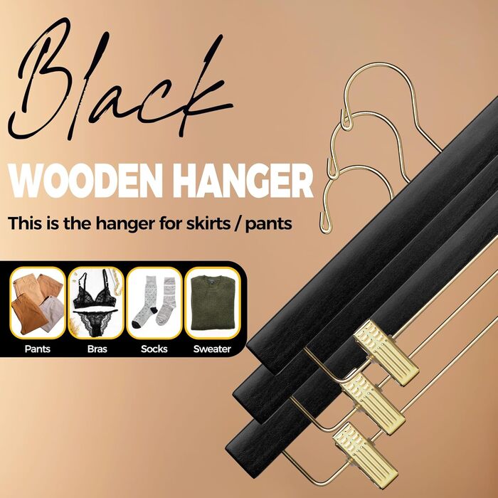 Набір дерев'яних вішалок для штанів та спідниць Quality Hangers, чорні з регульованими затискачами та поворотним золотистим гачком, 120 шт.