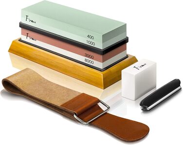 Набір для заточування ножів Schleifstein, двосторонній 400/1000/3000/8000 гріт, з відточувальним каменем, бамбуковою основою, кутовою направляючою, шкіряним ремінцем та полірувальною пастою