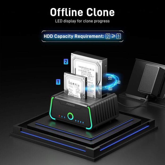 Док-станція для жорстких дисків FIDECO USB 3.0 з RGB підсвічуванням, Dual-Slot, підтримка UASP та офлайн-клонування (2.5/3.5