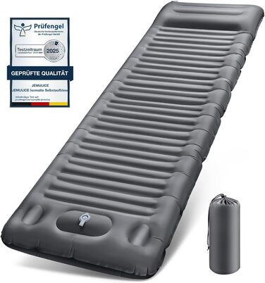 JEMULICE Self-Inflating Sleeping Pad - 12cm Thick, Compact Camping Air Mattress with Foot Pump & Pillow, Ultralight Waterproof for Hiking & Outdoor Use - Grey